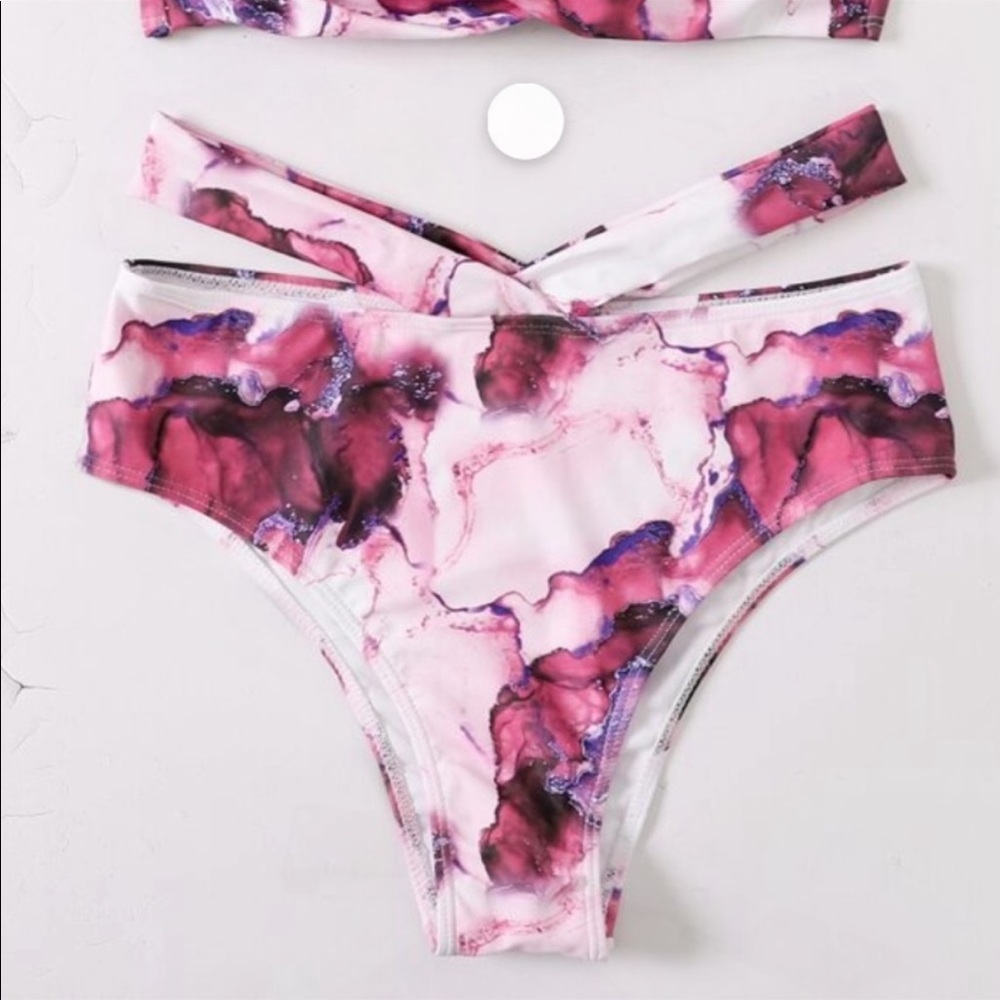 Boho Blue Pink White Tie Dye Marble Print High Waisted Twisted Halter Bikini Set - Picture 6 of 16
